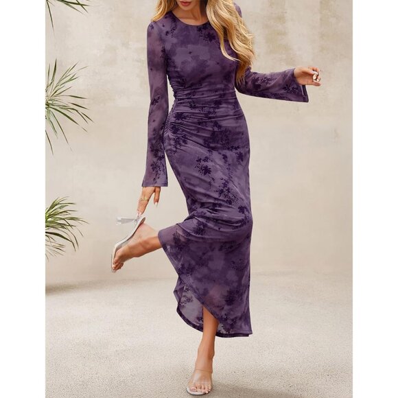Zesica Women's Tie Dye Purple Ruched Mesh Long Sleeve Floral Bodycon Dress - Picture 2 of 5
